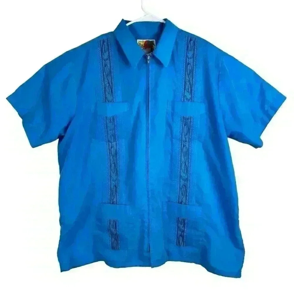 The Genuine Haband Guayabera Full Zip Cuban Cigar Bowling Shirt‎ Turquoise Men’s